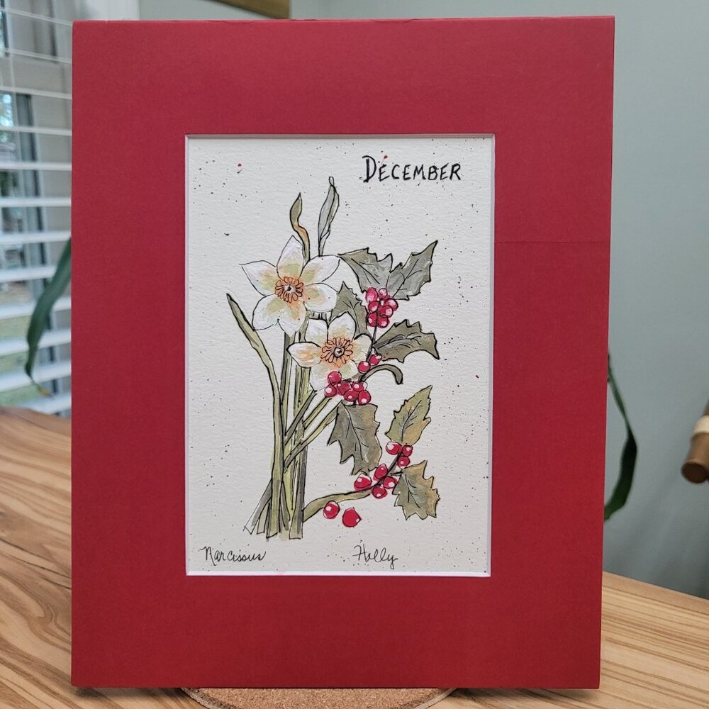 Original  Watercolor Christmas Holly Narcissus Painting Art 8" x 10" Mat